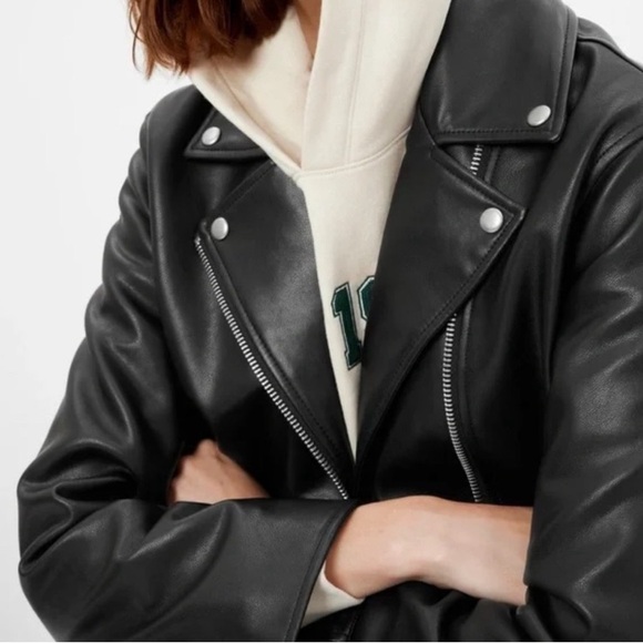 GAP Vegan Faux Leather Bikercore Full Zip Moto Jacket Women’s True Black Small - Picture 6 of 14